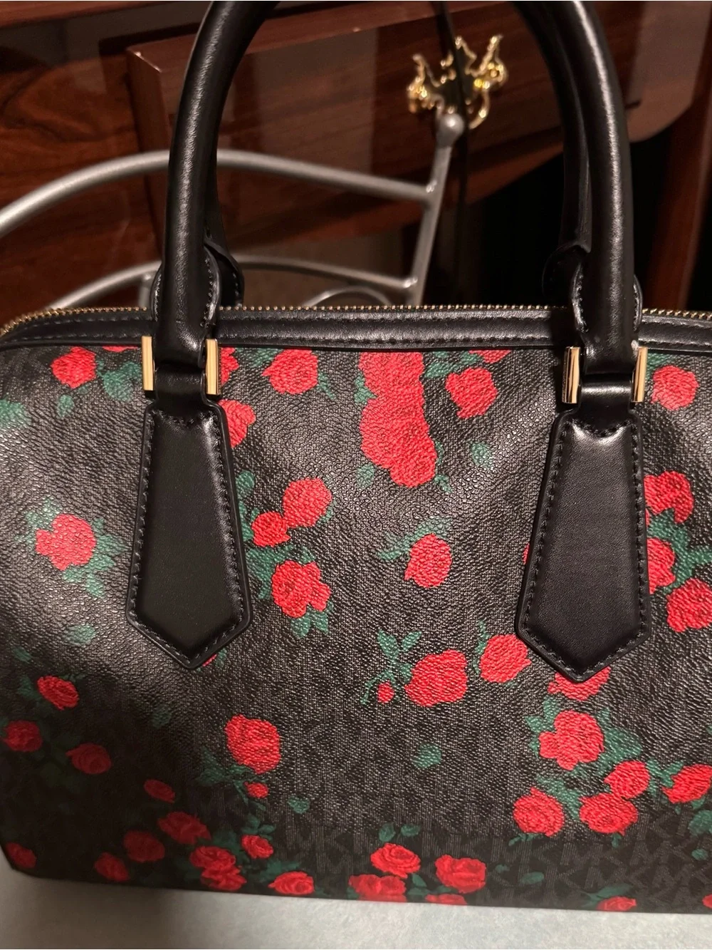 Michael Kors Black Satchel and Wristlet with Red Floral Print